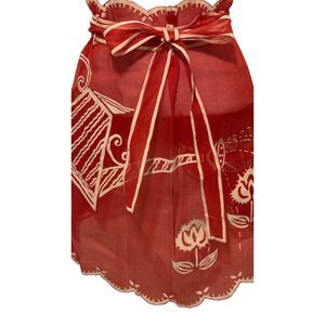 Red Organza Vtg Mid Century Half Apron White Stitching Flowers And Watering Can